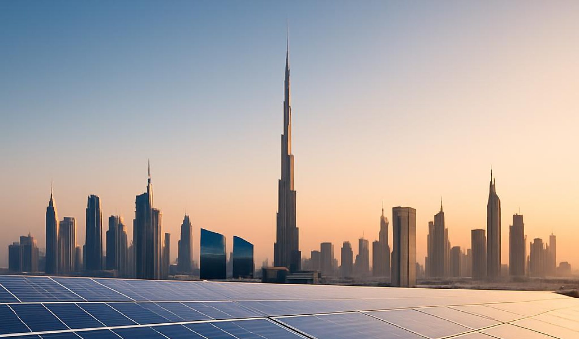 Picture of a city skyline at sunrise or sunset, with a foreground of solar panels.